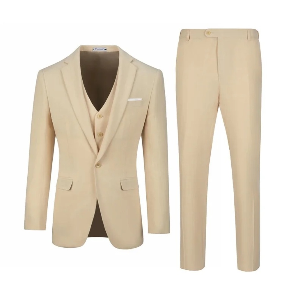 Wehilion Tan Beige 3pm Suit Jacket Blazer Vest Pants Set Wedding Prom Mens 40/34